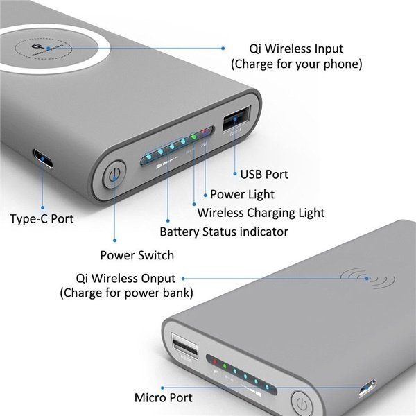 Qi Power Bank 10000mAh Wireless Charger Fast Charging for iPhone and Samsung Phone Gray Color