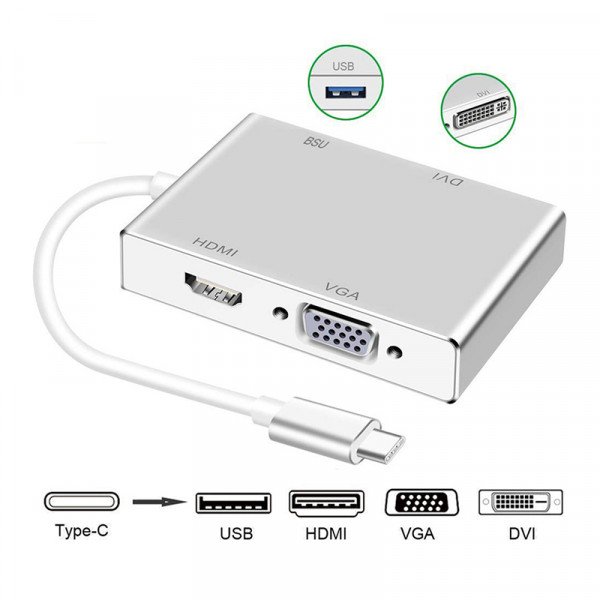 51WS3N3s96L._SL1000_-600x600 USB C to HDMI Adaptor, Type C to VGA DVI HDMI & USB 3.0 Hub 4 in 1 - Image 1