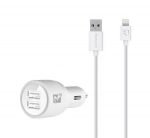 ريمان شاحن سيارة بمخرجين USB مع كابل للايفون لون أبيض