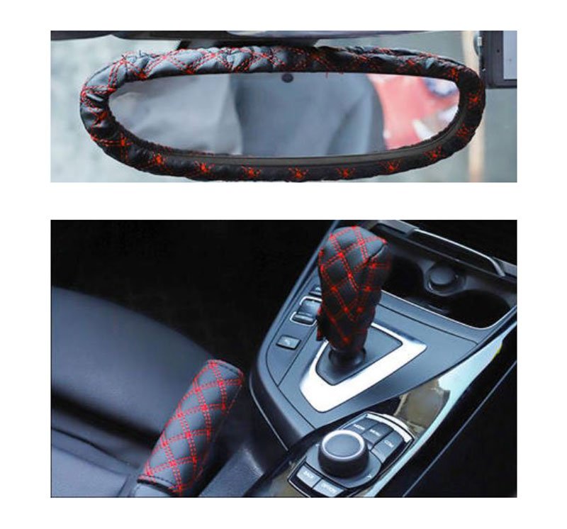 drxydru (5) Decorative case for hand brake, gear stick and car mirror -AW-03 - Black & Red - Image 1