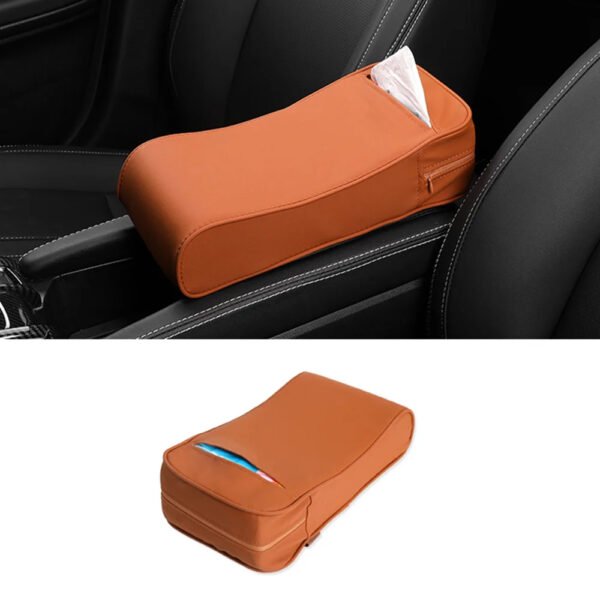 مسند ذراع من الجلد عالي الجودة لراحة اليد اثناء القيادة ومزود بحافظة للمناديل / موديل PPT50 – لون بني