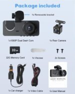 Dashboard camera with a 2.0-inch IPS HD screen, 3-channel indoor front and rear camera with 1080P resolution and adjustable lens, smart camera with motion detection and parking monitoring. - Image 4
