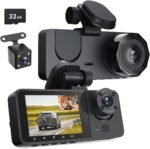 Dashboard camera with a 2.0-inch IPS HD screen, 3-channel indoor front and rear camera with 1080P resolution and adjustable lens, smart camera with motion detection and parking monitoring.