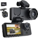 Dashboard camera with a 2.0-inch IPS HD screen, 3-channel indoor front and rear camera with 1080P resolution and adjustable lens, smart camera with motion detection and parking monitoring.