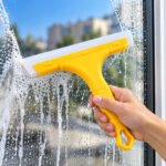 Versatile handheld rubber squeegee for cleaning glass and surfaces, orange color.